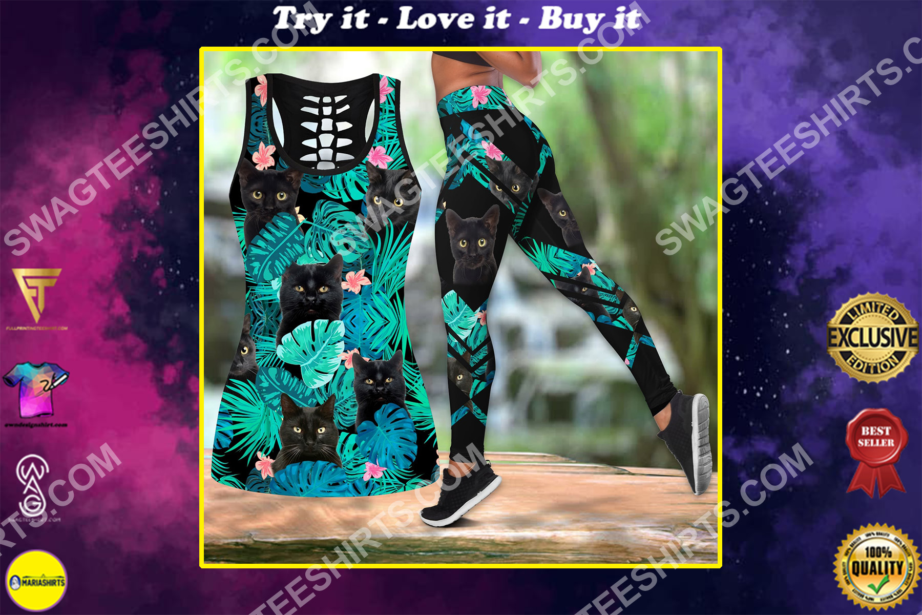 tropical black cat all over printed set sports outfit