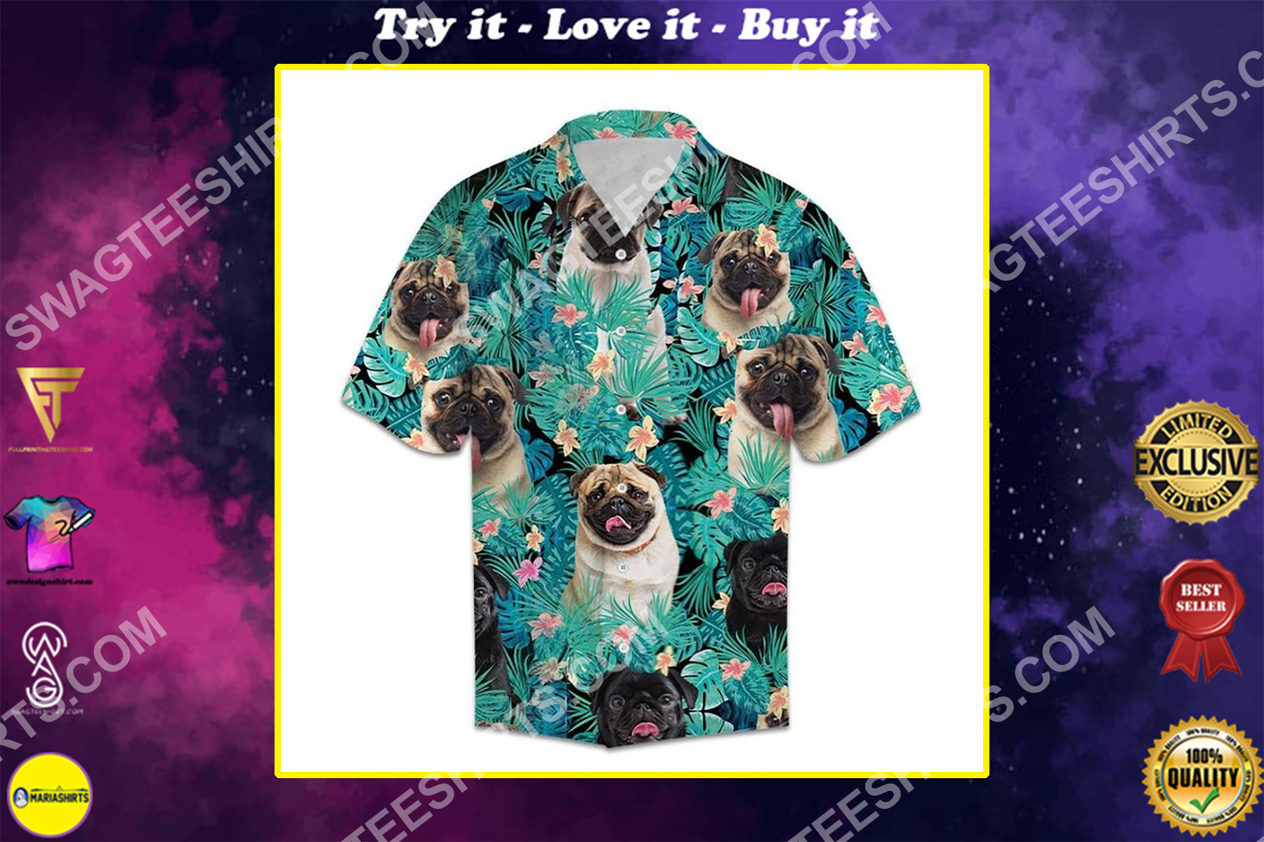 tropical pug dog all over printed hawaiian shirt