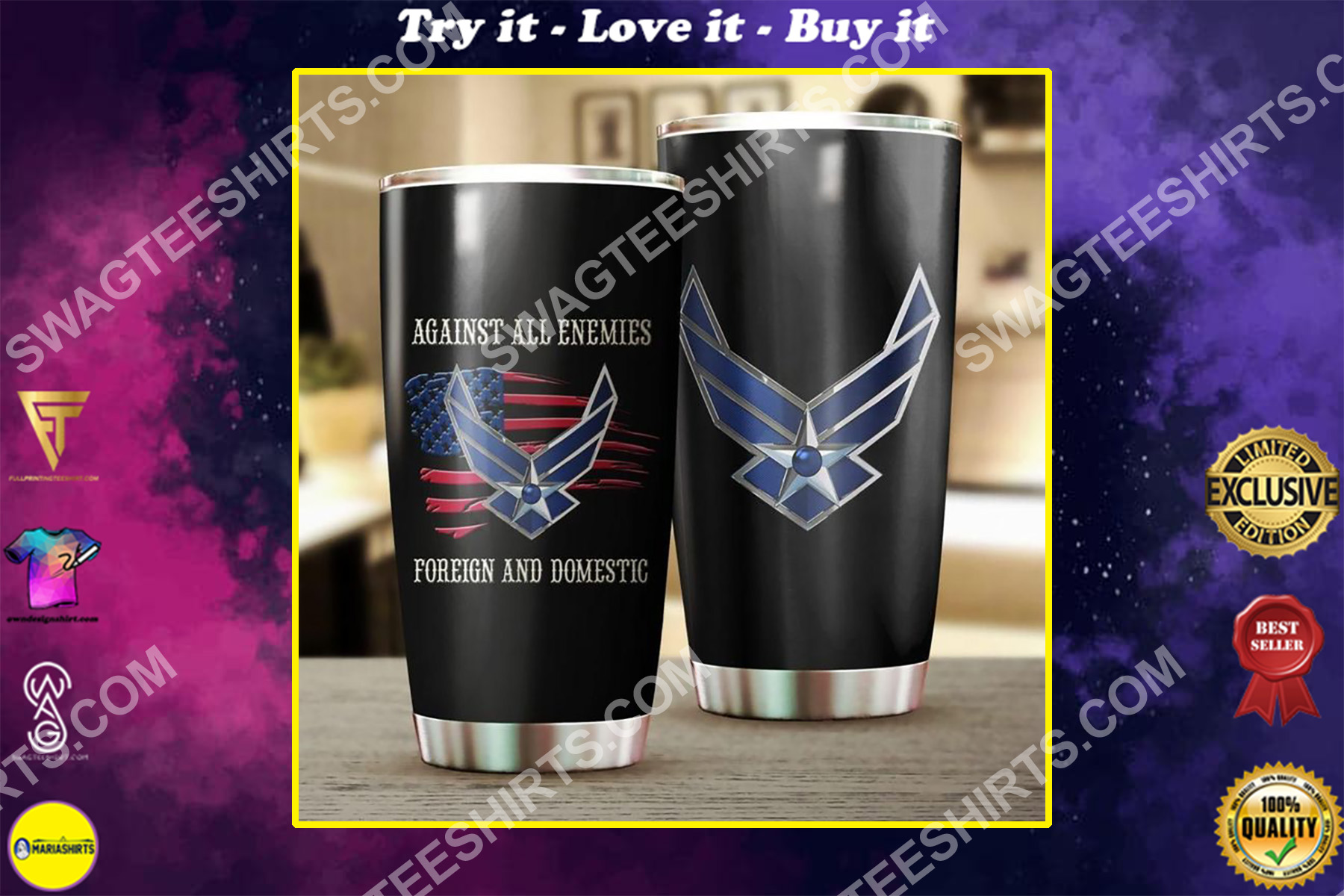 us air force against all enemies all over printed stainless steel tumbler