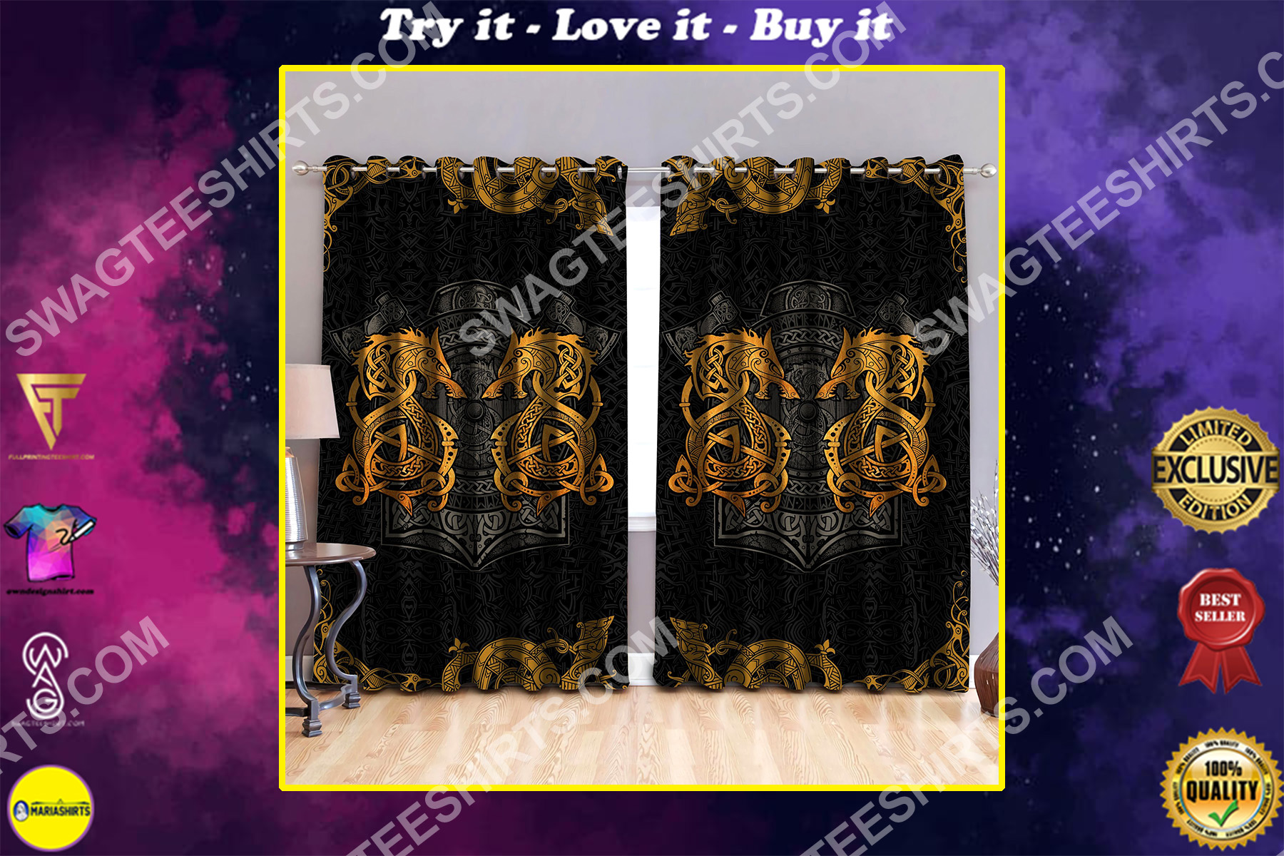 viking dragon golden all over printed window curtains