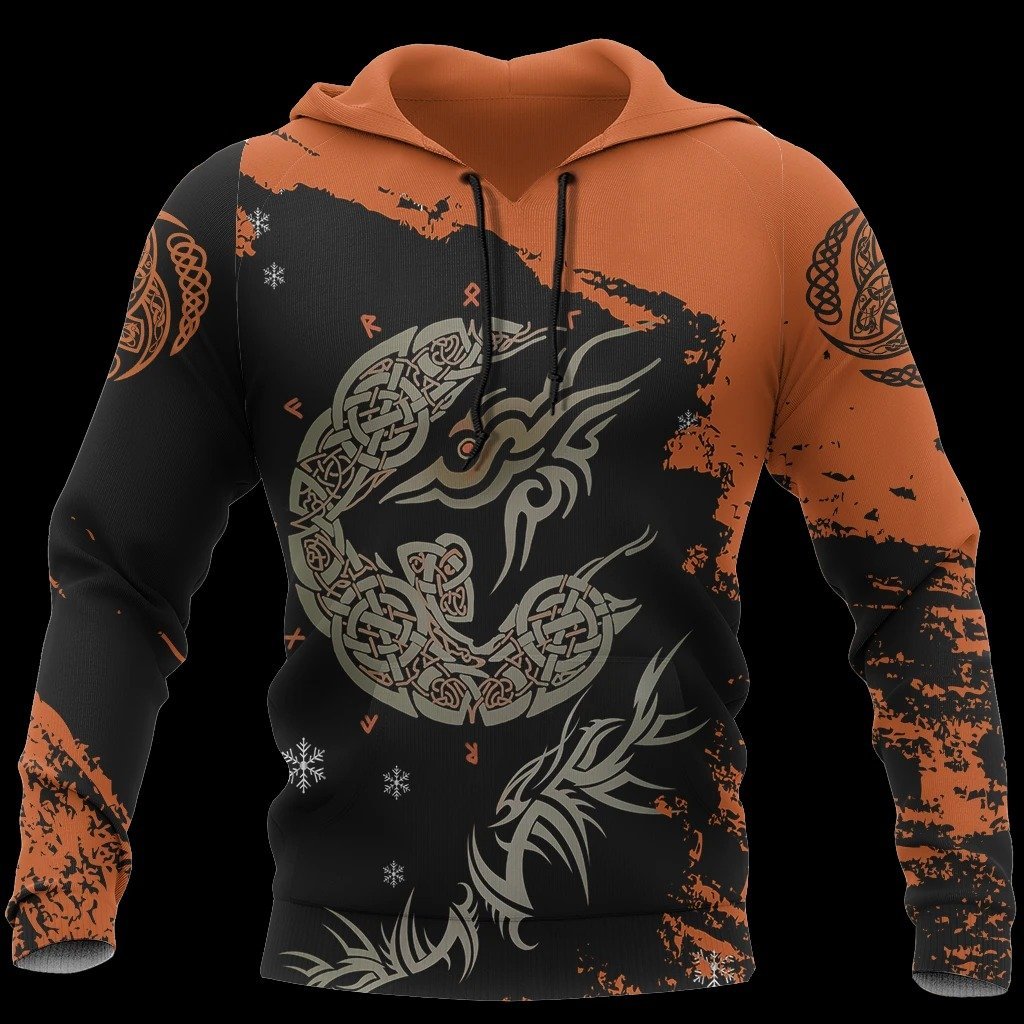 viking fenrir wolf on fire all over printed hoodie 1