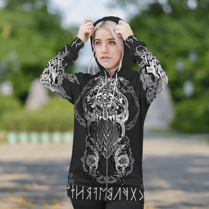 viking odin tatoo all over printed zip hoodie
