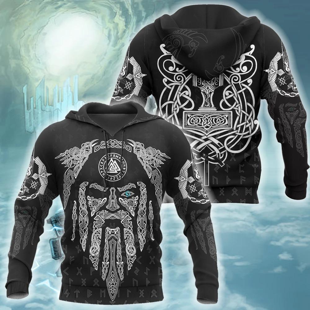 viking raven and odin all over printed hoodie