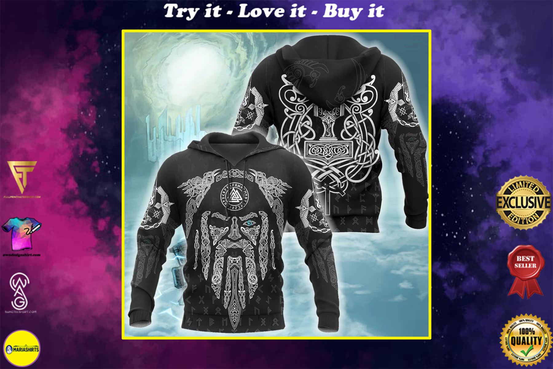 viking raven and odin all over printed shirt