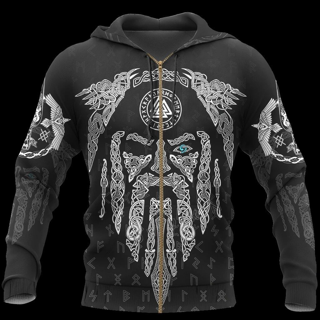 viking raven and odin all over printed zip hoodie