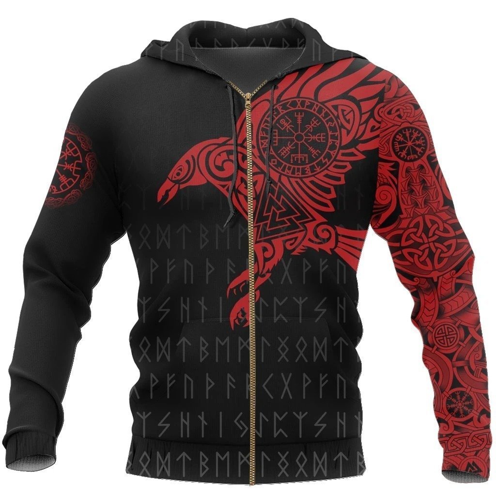 vikings the raven of odin tattoo red all over printed zip hoodie
