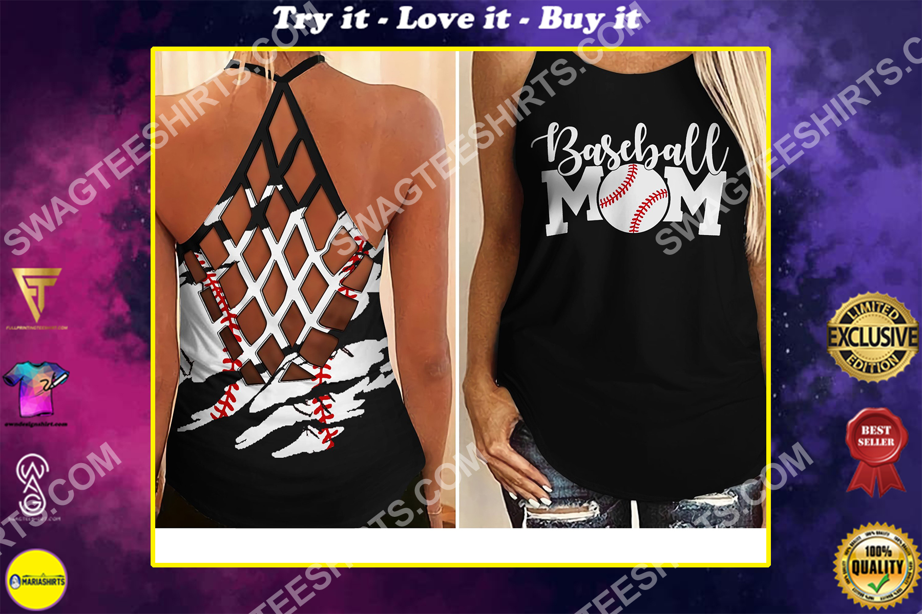 vintage baseball mom all over printed strappy back tank top