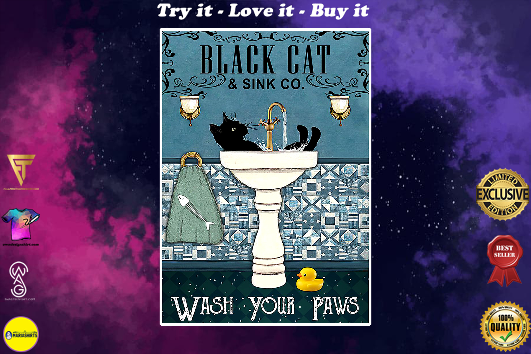 vintage black cat and sink co wash your paws poster