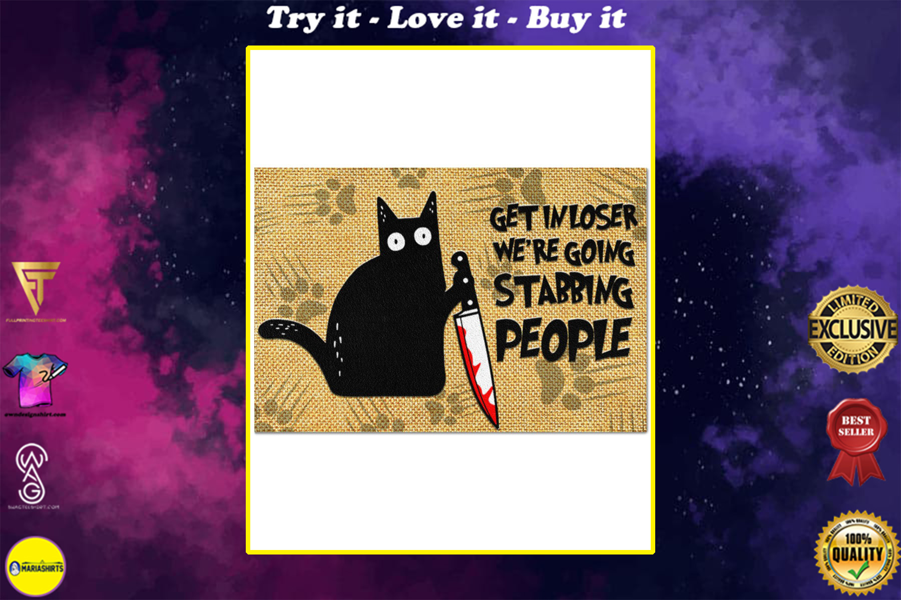 vintage black cat get in loser we're going stabbing people doormat