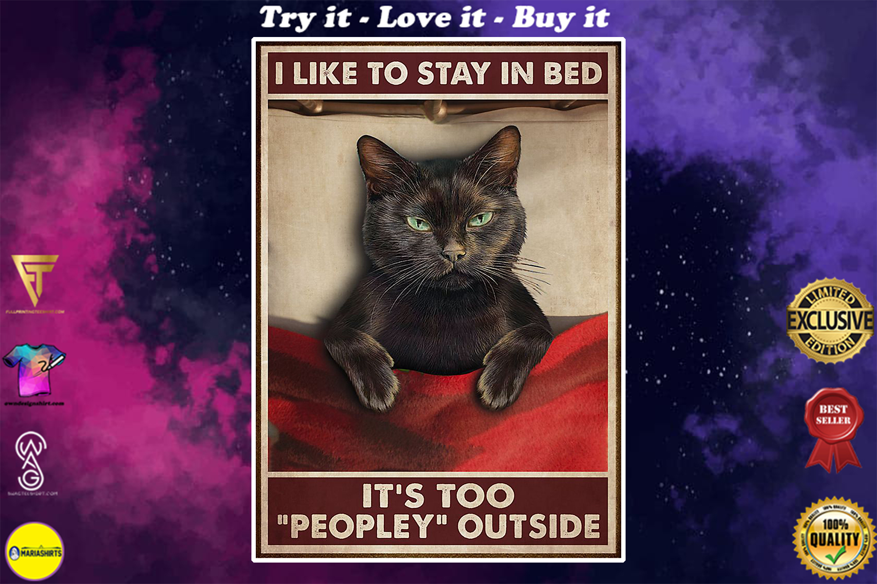 vintage black cat i like to stay in bed its too peopley outside poster