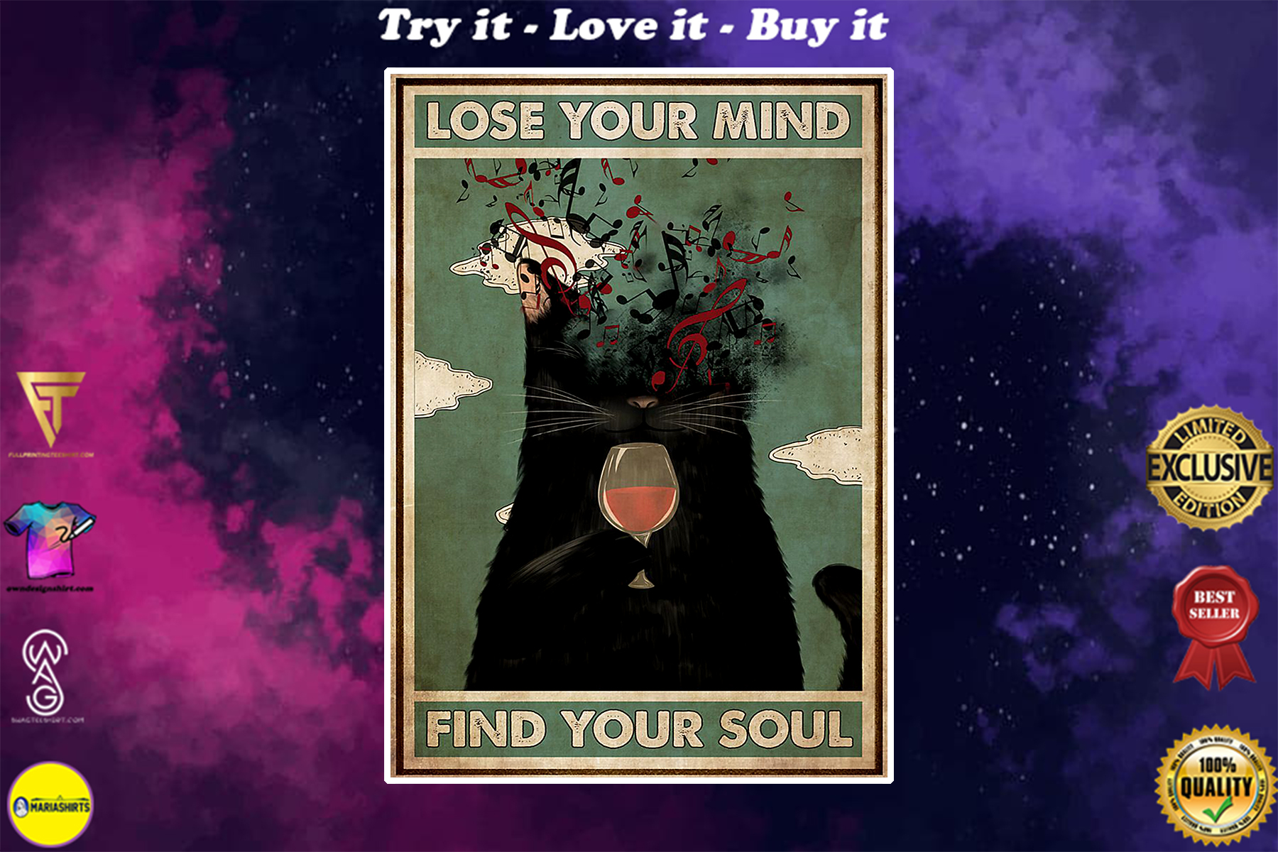 vintage black cat lose your mind find your soul poster
