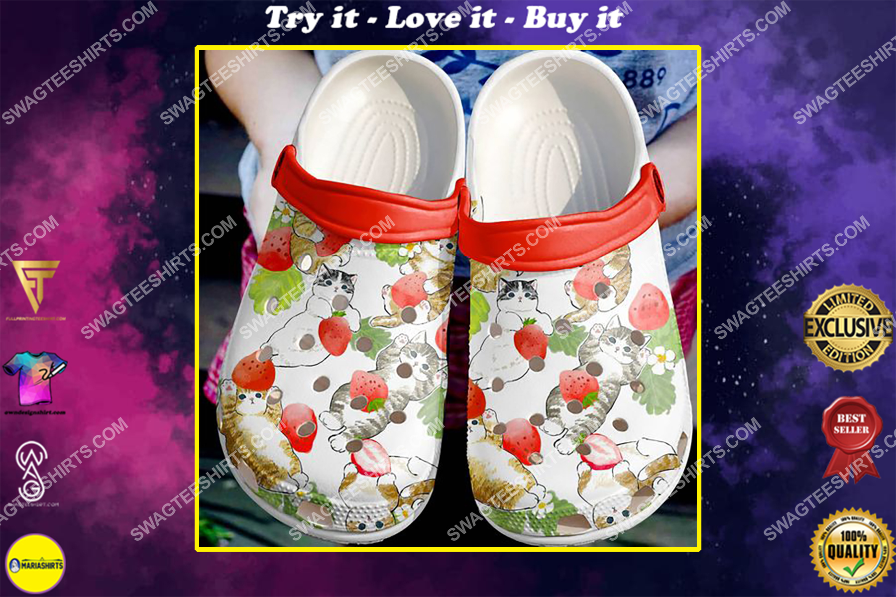 vintage cat and strawberry all over printed crocs
