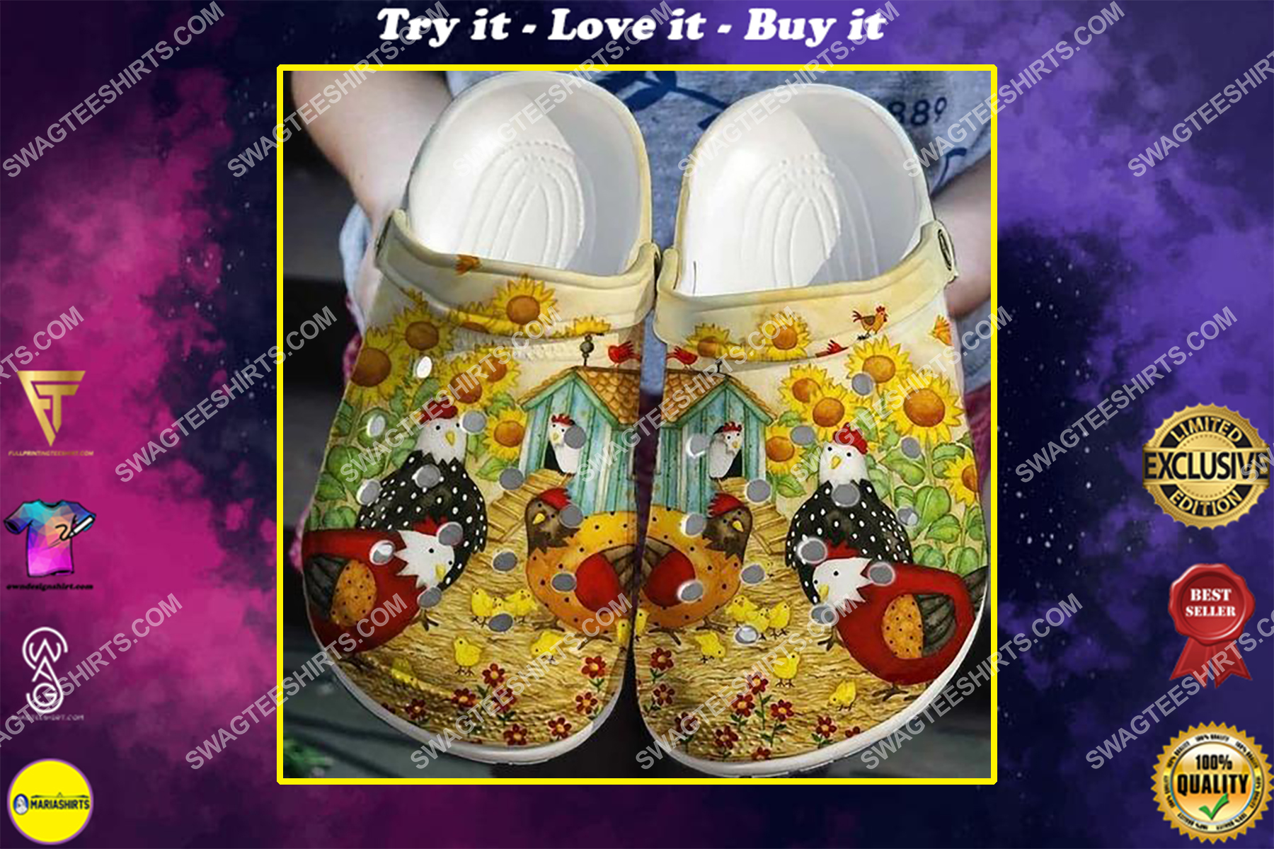 vintage chickens and sunflowers all over printed crocs