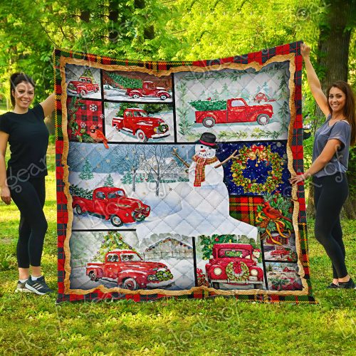 vintage christmas red truck and snowman all over print quilt 5
