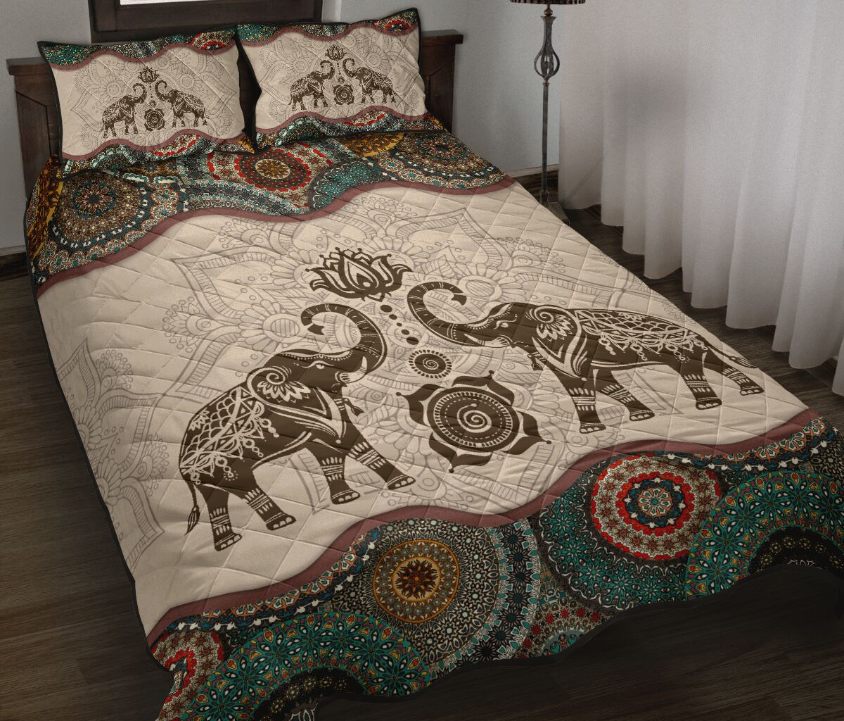 vintage couple elephants full over print quilt 2