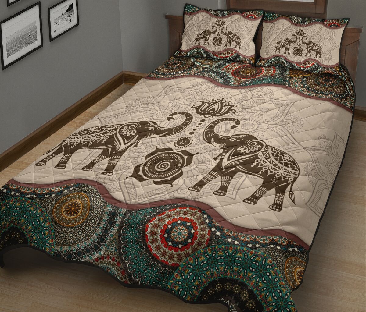 vintage couple elephants full over print quilt 3