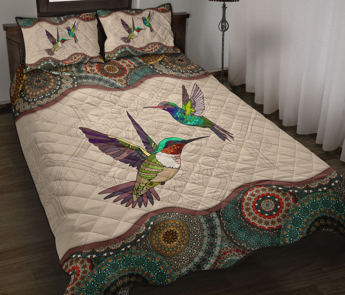 vintage couple hummingbirds full over print quilt 2