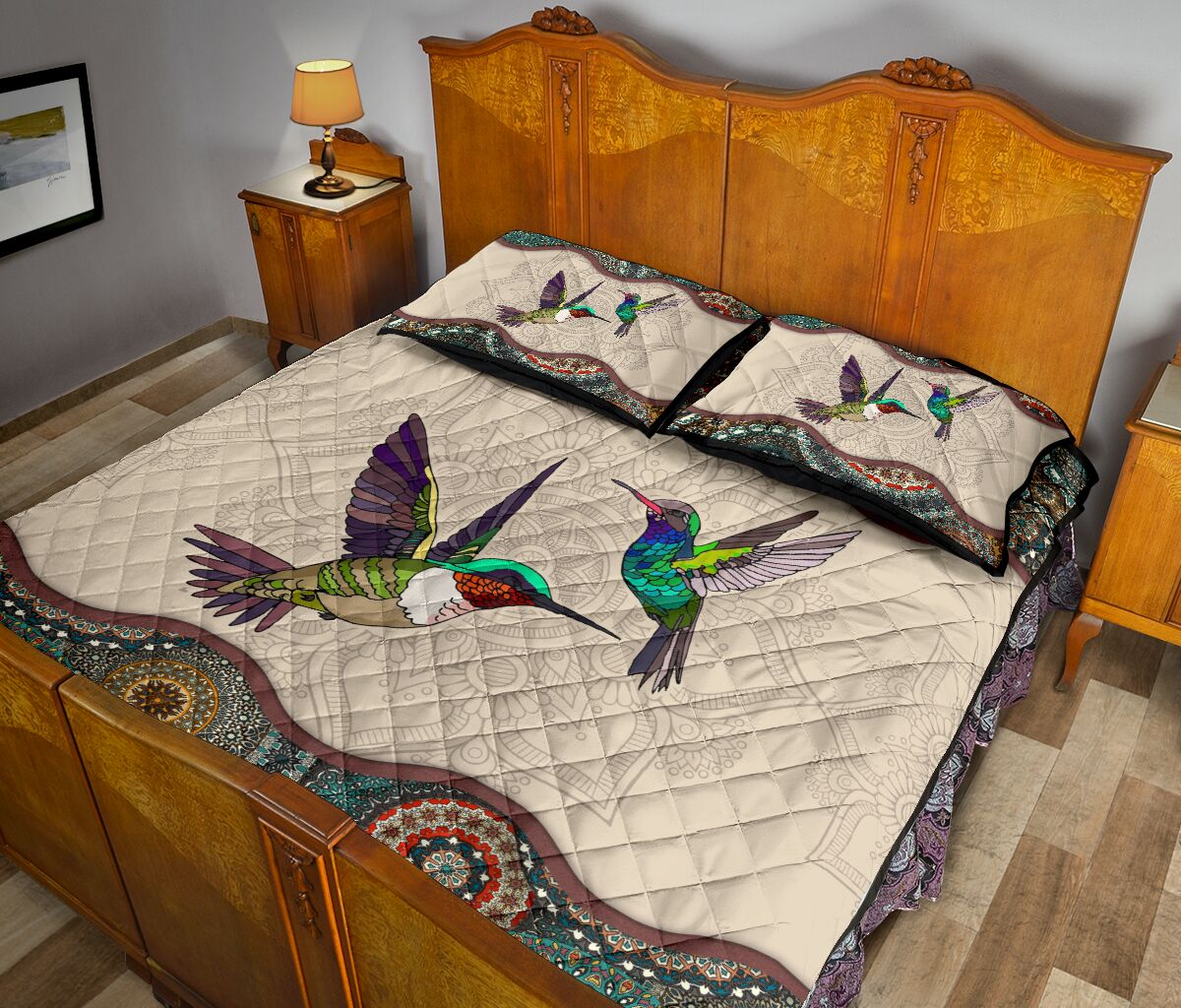vintage couple hummingbirds full over print quilt 5