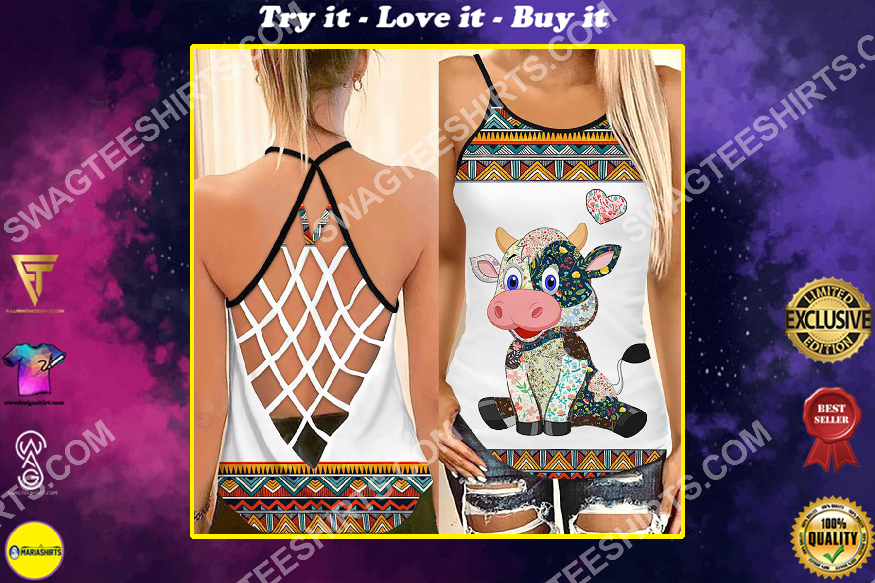 vintage cow baby all over printed strappy back tank top