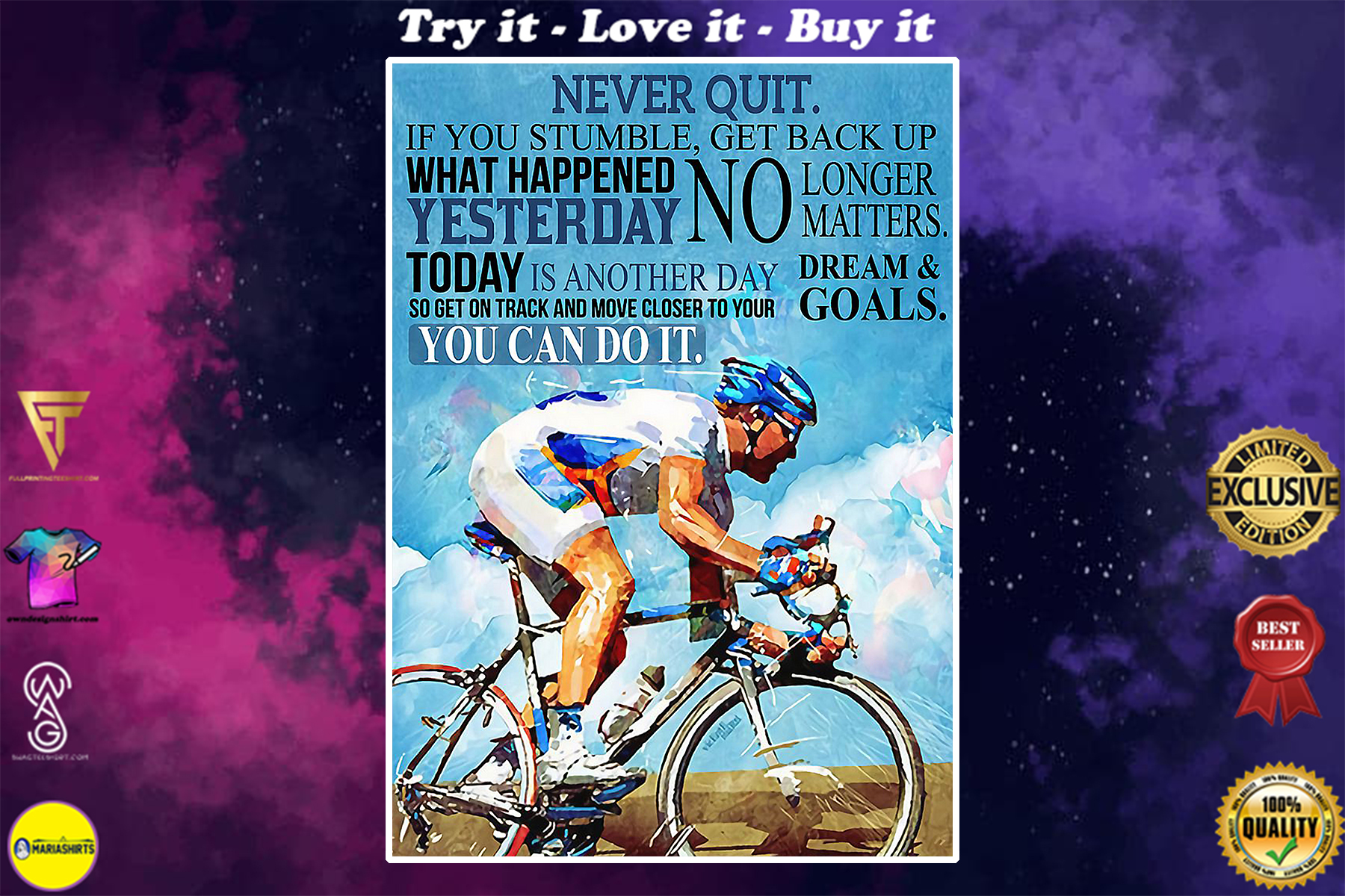 vintage cycling never quit you can do it poster