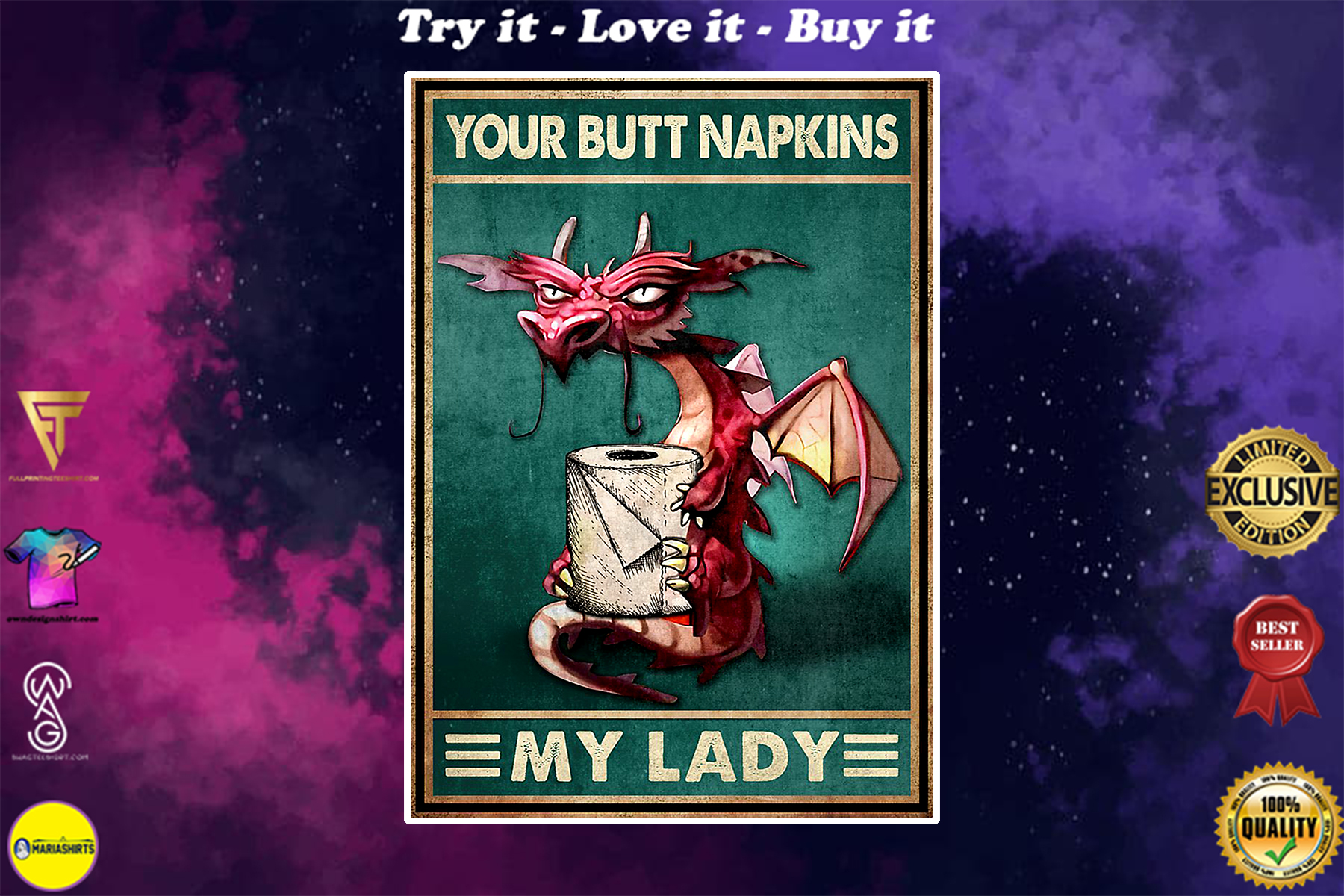 vintage dragon with toilet paper your butt napkins my lord poster