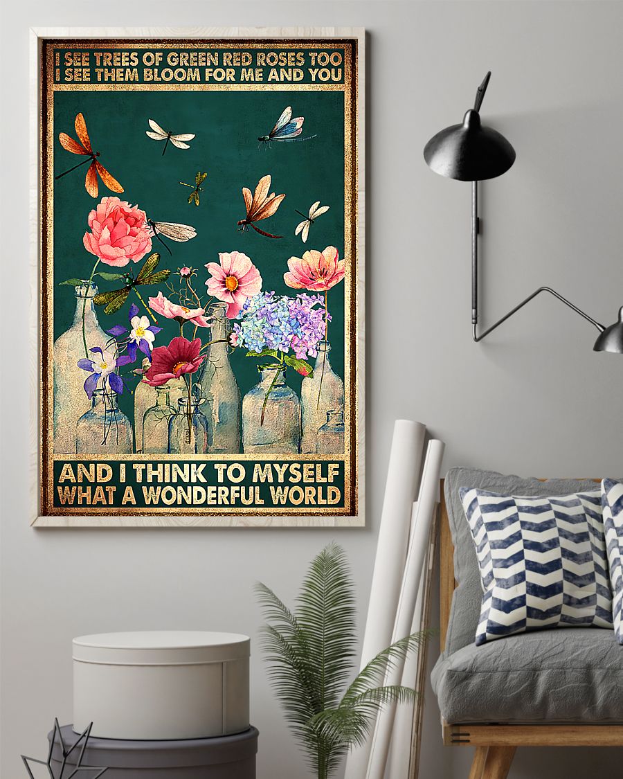 vintage dragonfly and flower i see trees of green red roses poster 2