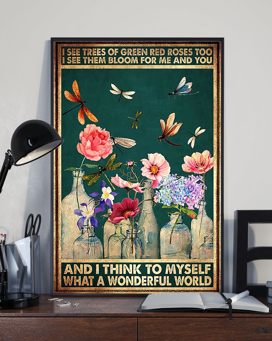 vintage dragonfly and flower i see trees of green red roses poster 3
