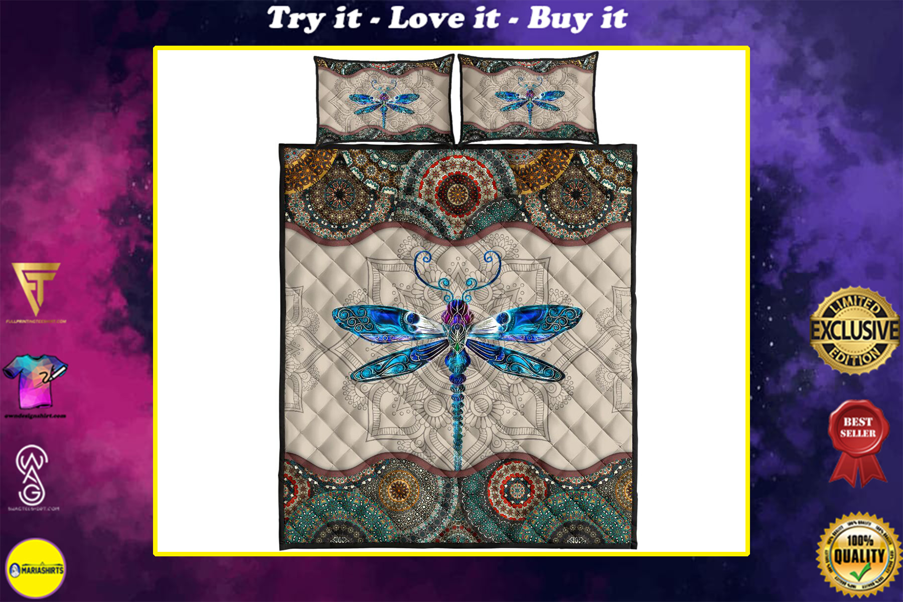 vintage dragonfly crystal full over print quilt