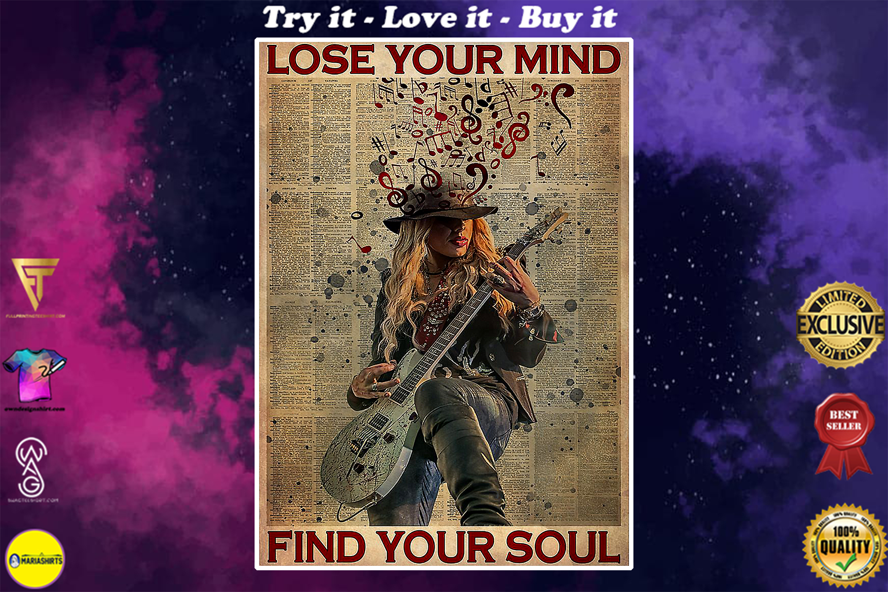 vintage female guitarist rock and roll lose your mind find your soul poster