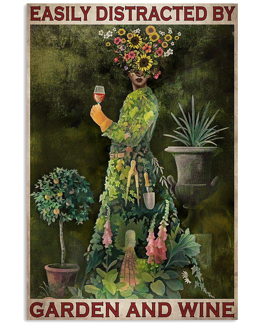 vintage garden girl easily distracted by garden and wine poster 1