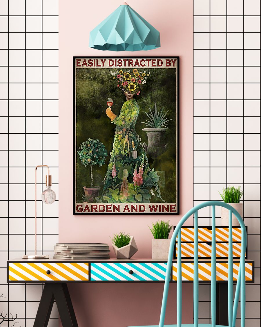 vintage garden girl easily distracted by garden and wine poster 4