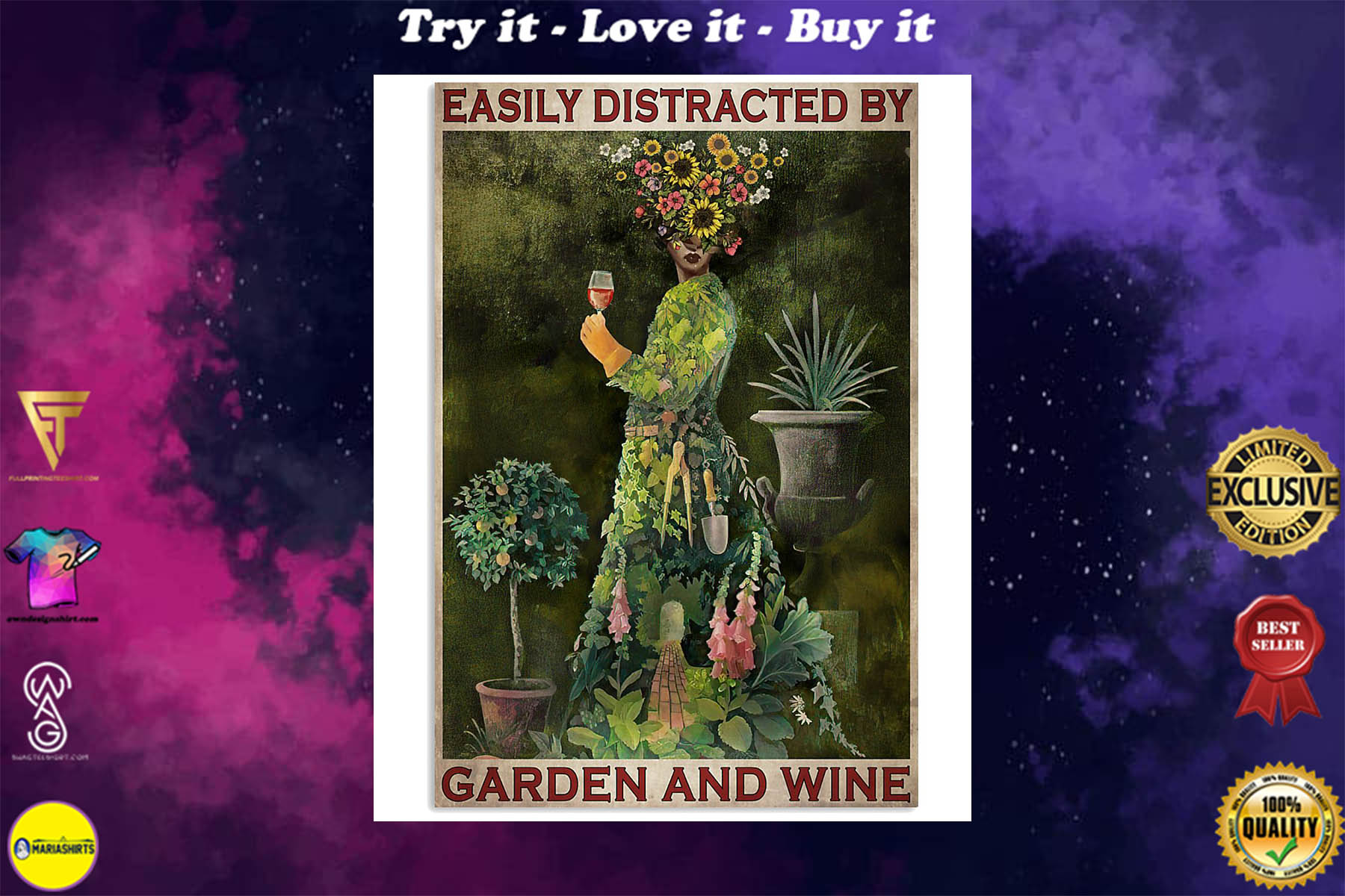 vintage garden girl easily distracted by garden and wine poster