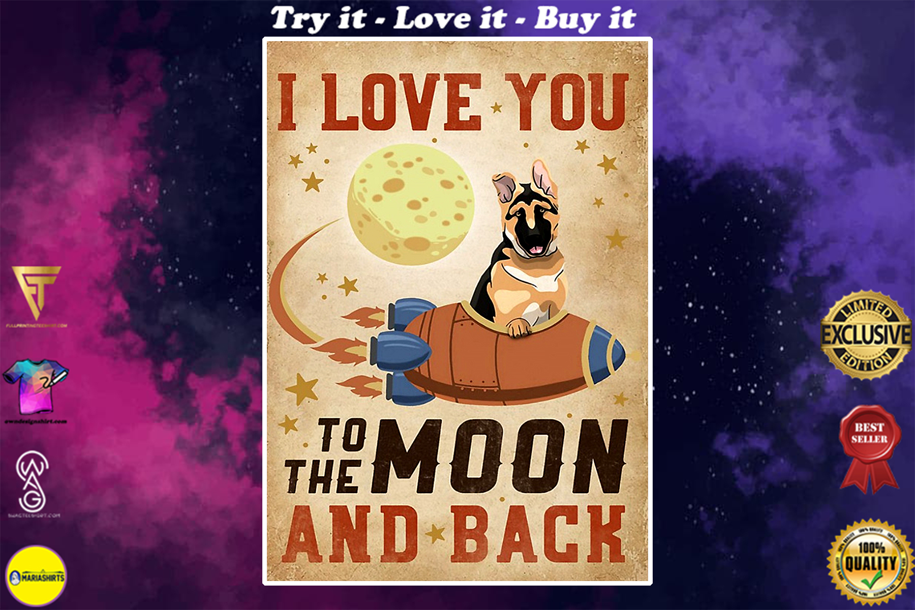vintage german shepherd i love you to the moon and back poster