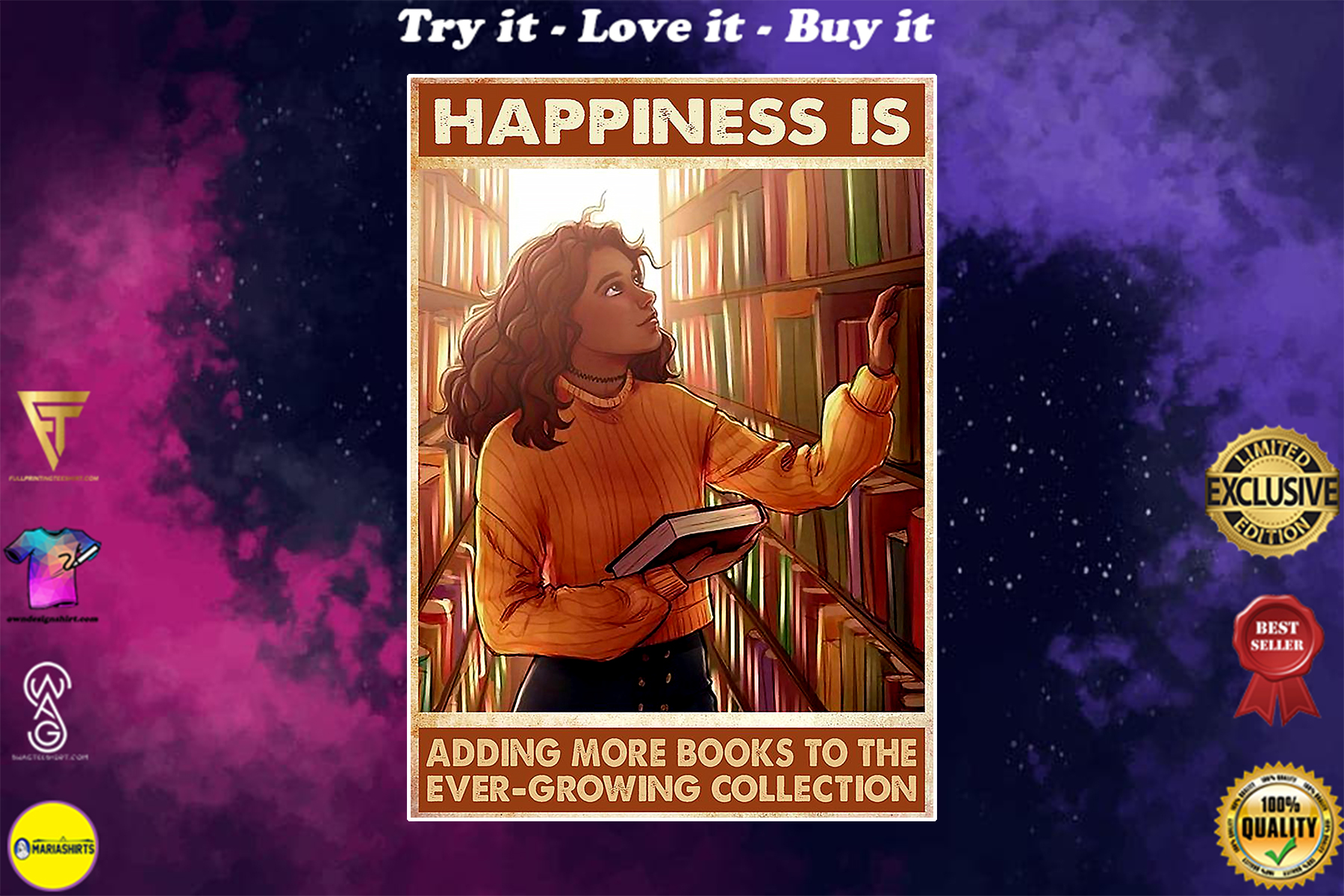 vintage happiness is adding more books to the ever-growing collection poster poster
