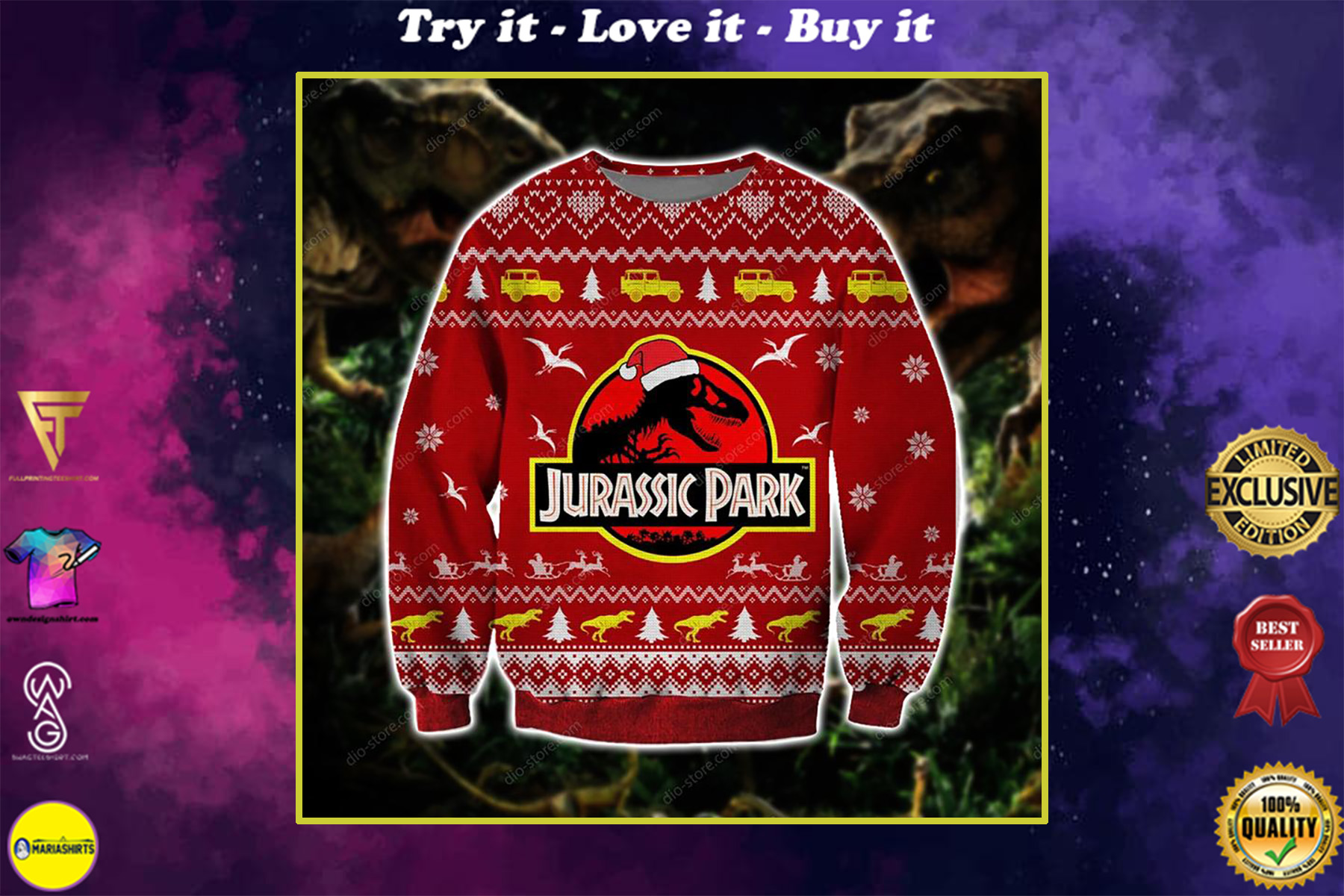 vintage jurassic park all over printed ugly christmas sweater