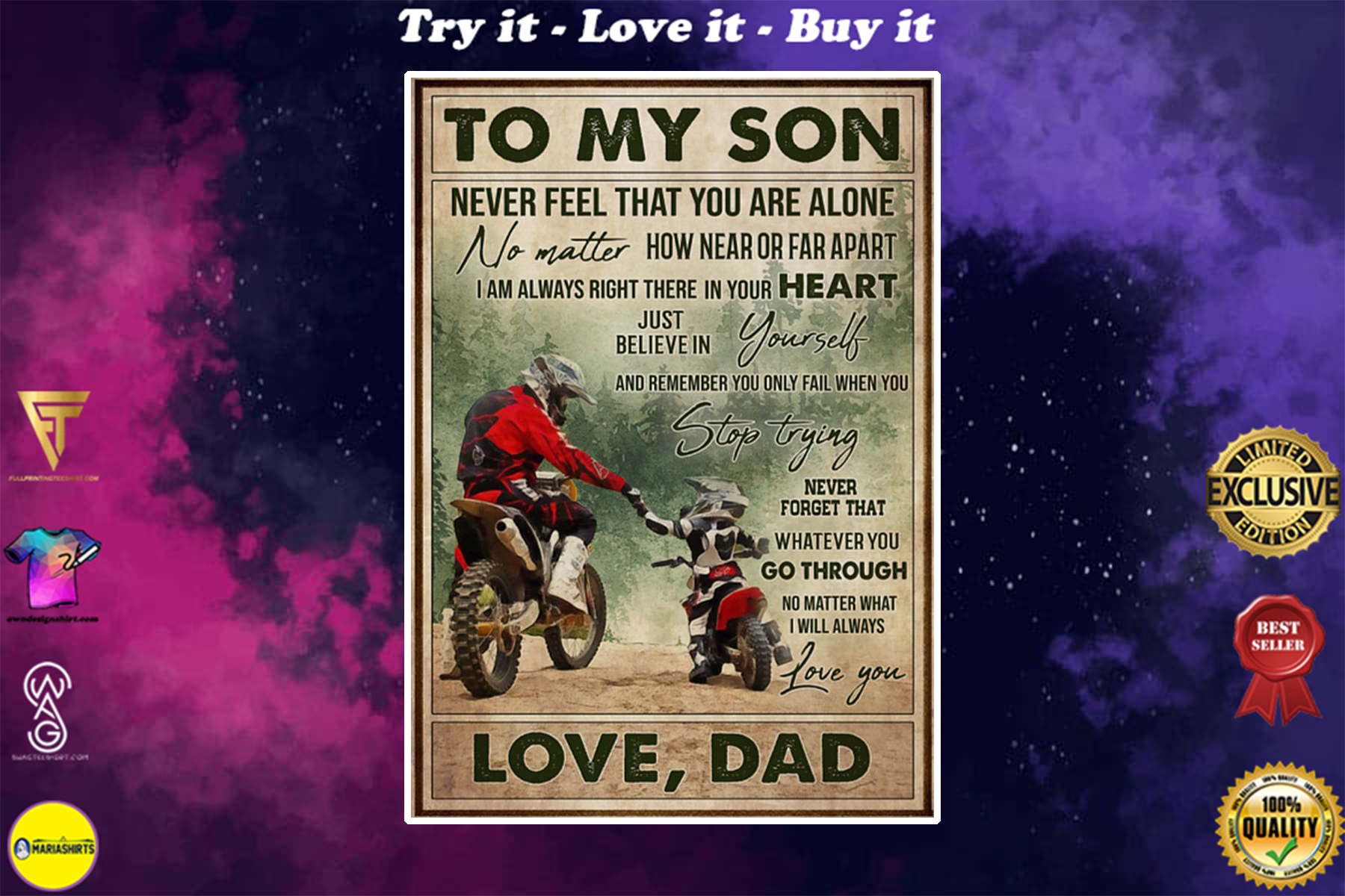 vintage motocross to my son never feel that you are alone love dad poster