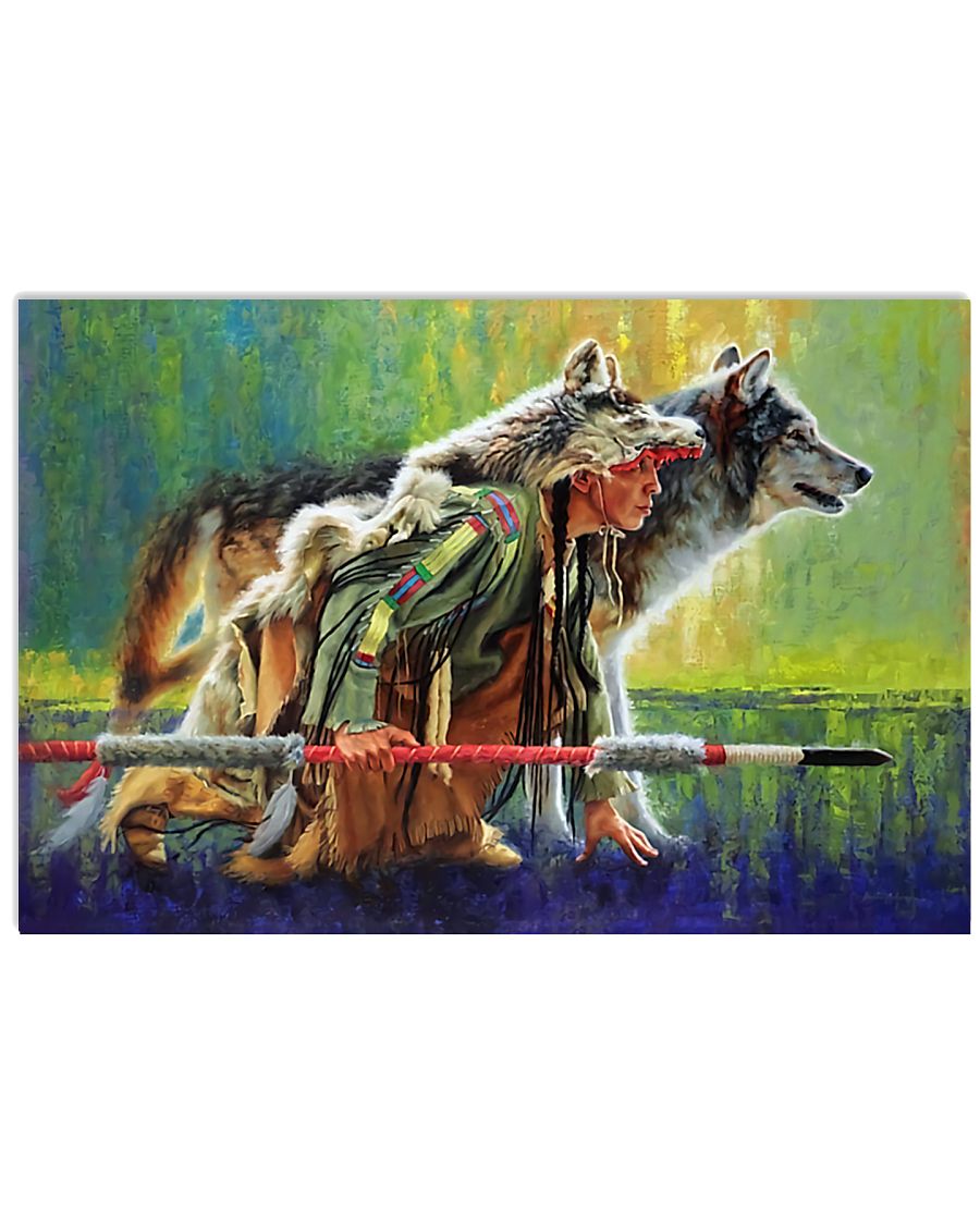 vintage native american woman warrior with wolf poster 1