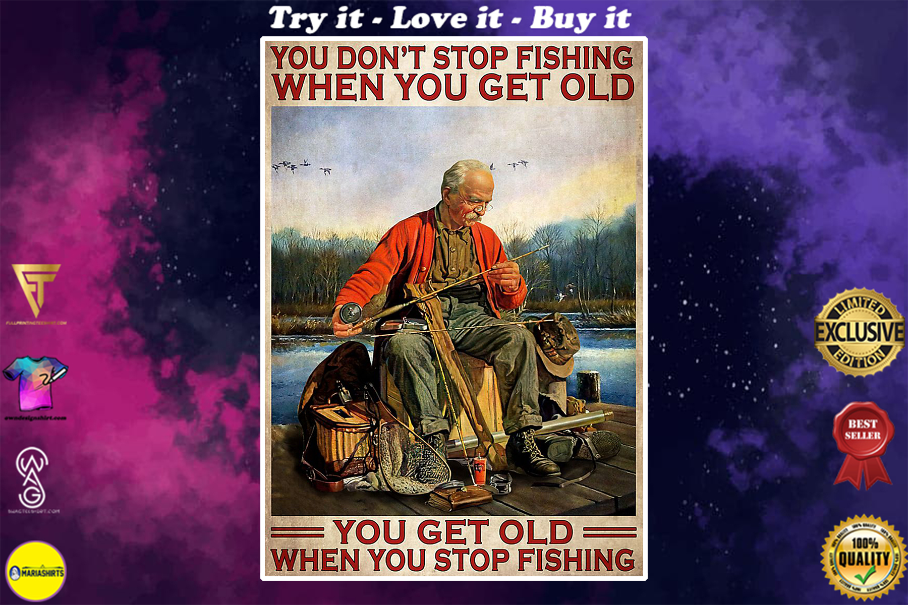 vintage old man fishing you dont stop fishing when you get old poster