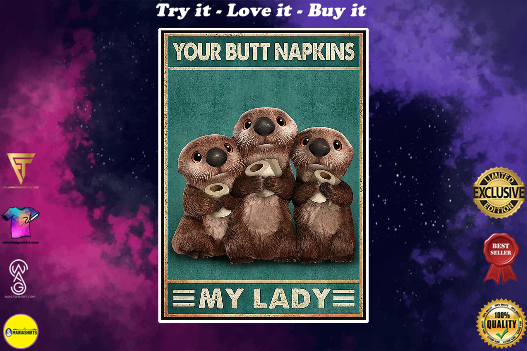 vintage otter with toilet paper your butt napkins my lord poster