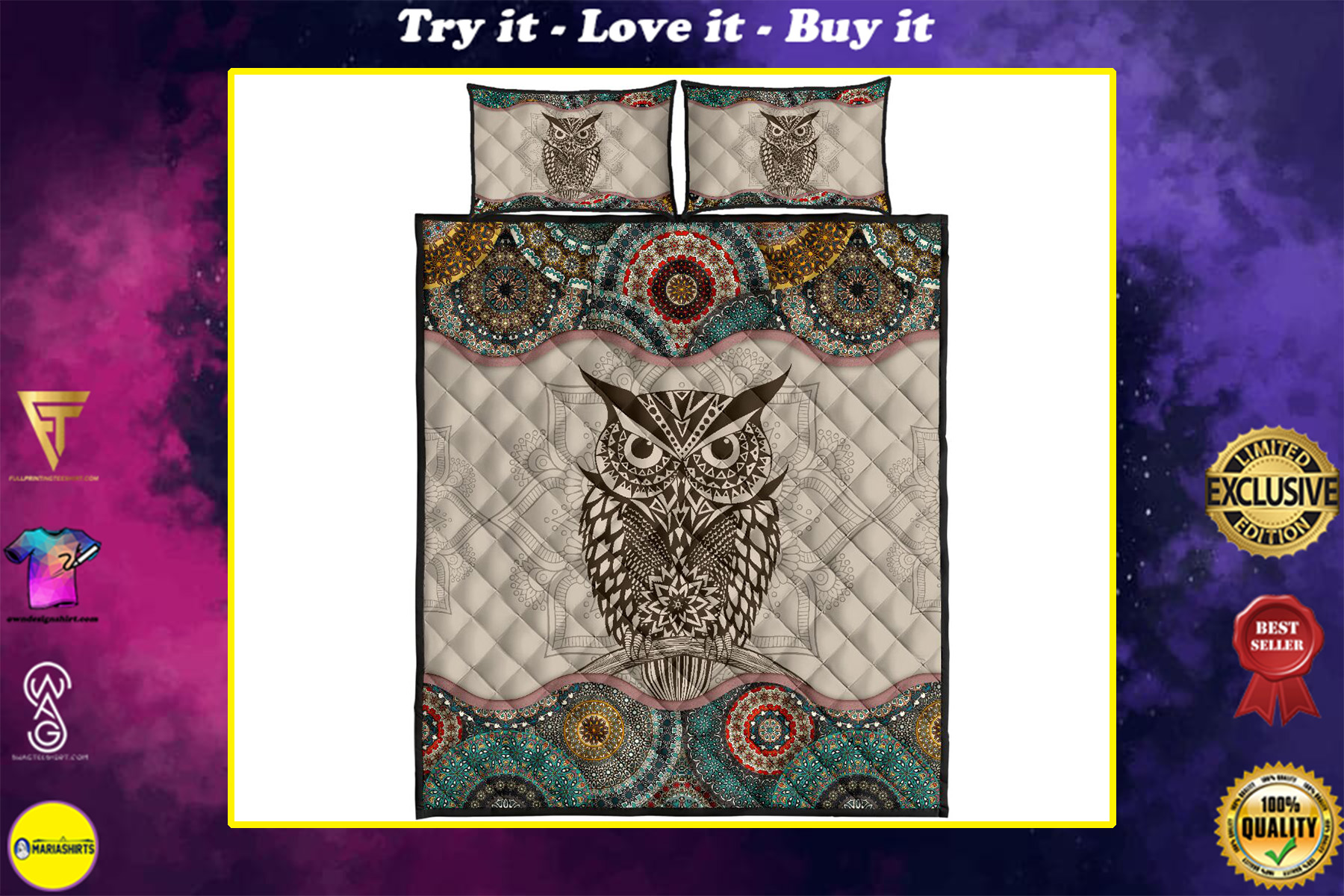 vintage owl lovers full over print quilt