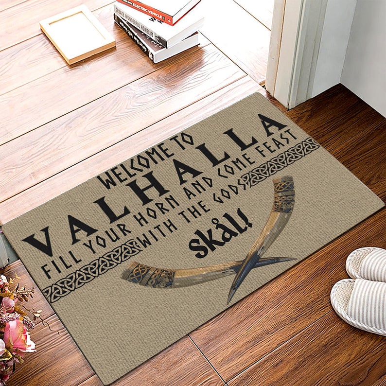 vintage welcome to valhalla fill your horn and come feast with the Gods all over print doormat 3