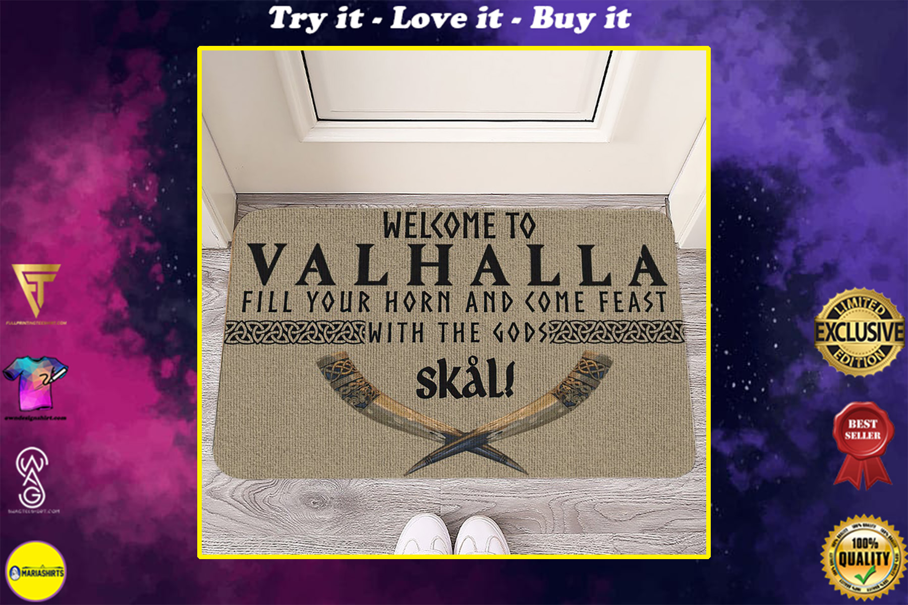 vintage welcome to valhalla fill your horn and come feast with the Gods all over print doormat