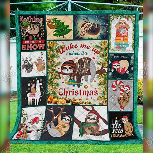 wake up when its christmas sloth all over print quilt 5