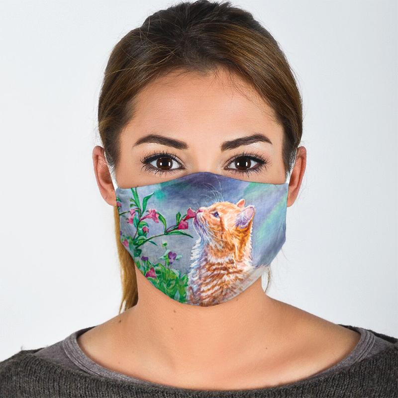 watercolor cat with flowers all over print face mask 3
