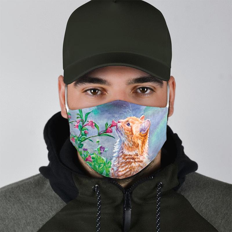 watercolor cat with flowers all over print face mask 5