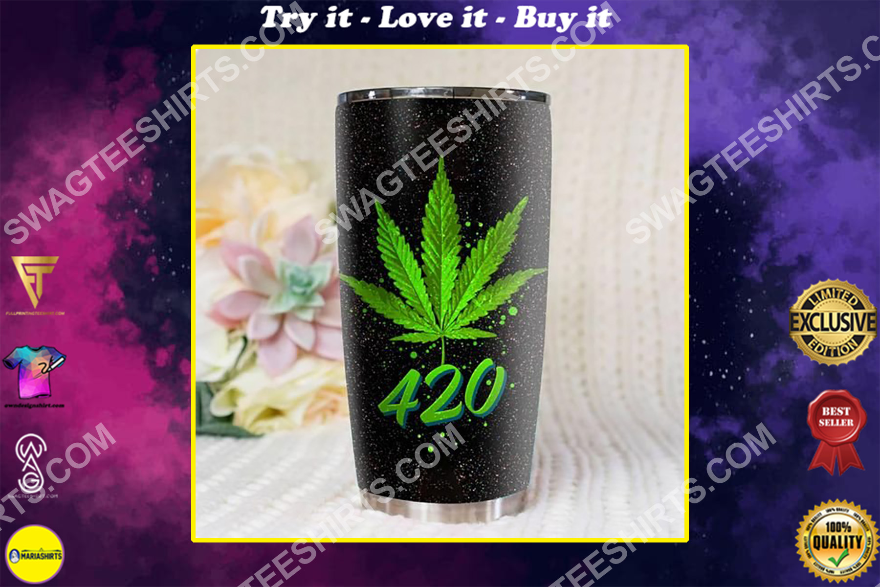 weed leaf 420 all over printed stainless steel tumbler