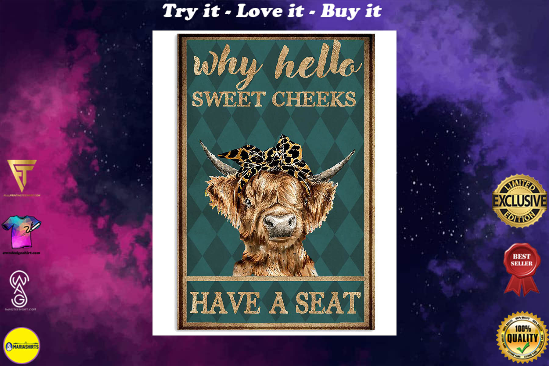 why hello sweet cheeks have a seat cow retro poster