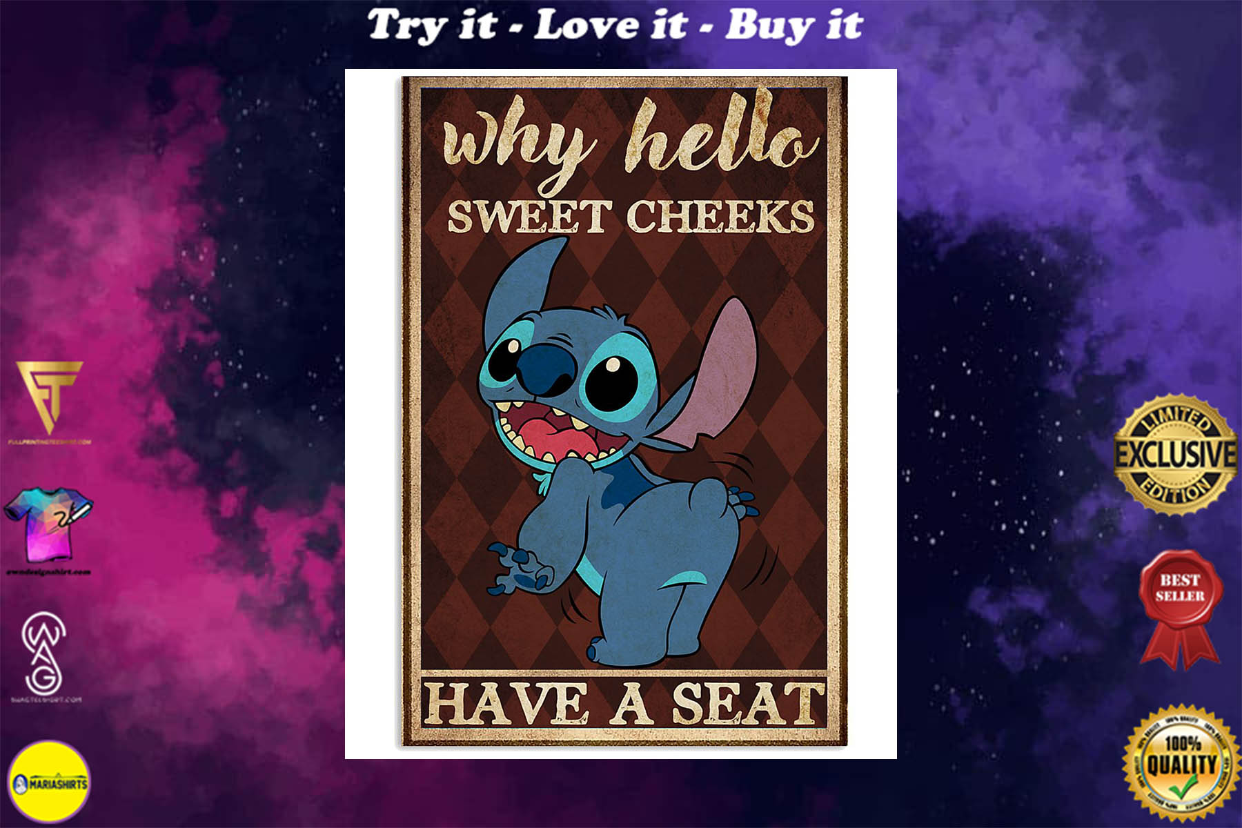 why hello sweet cheeks have a seat stitch retro poster