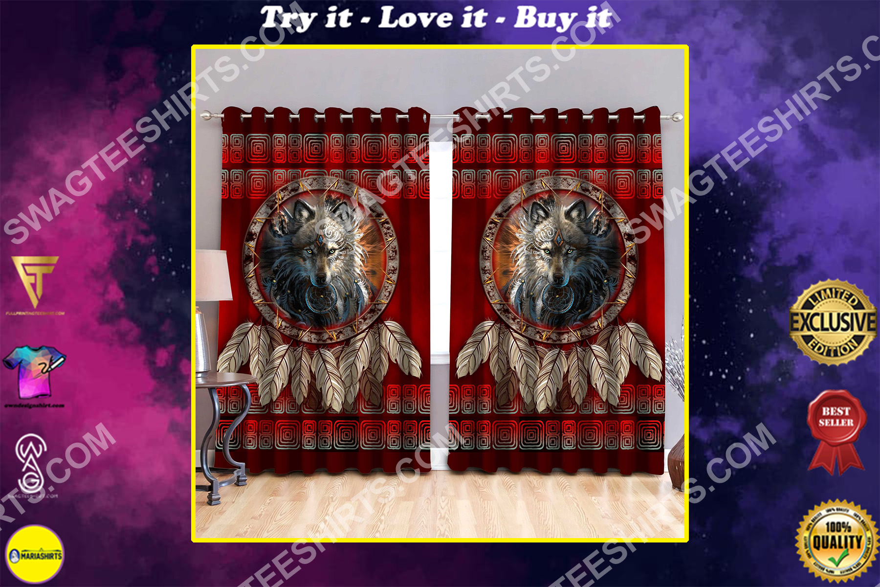 wolf american native symbol all over printed window curtains