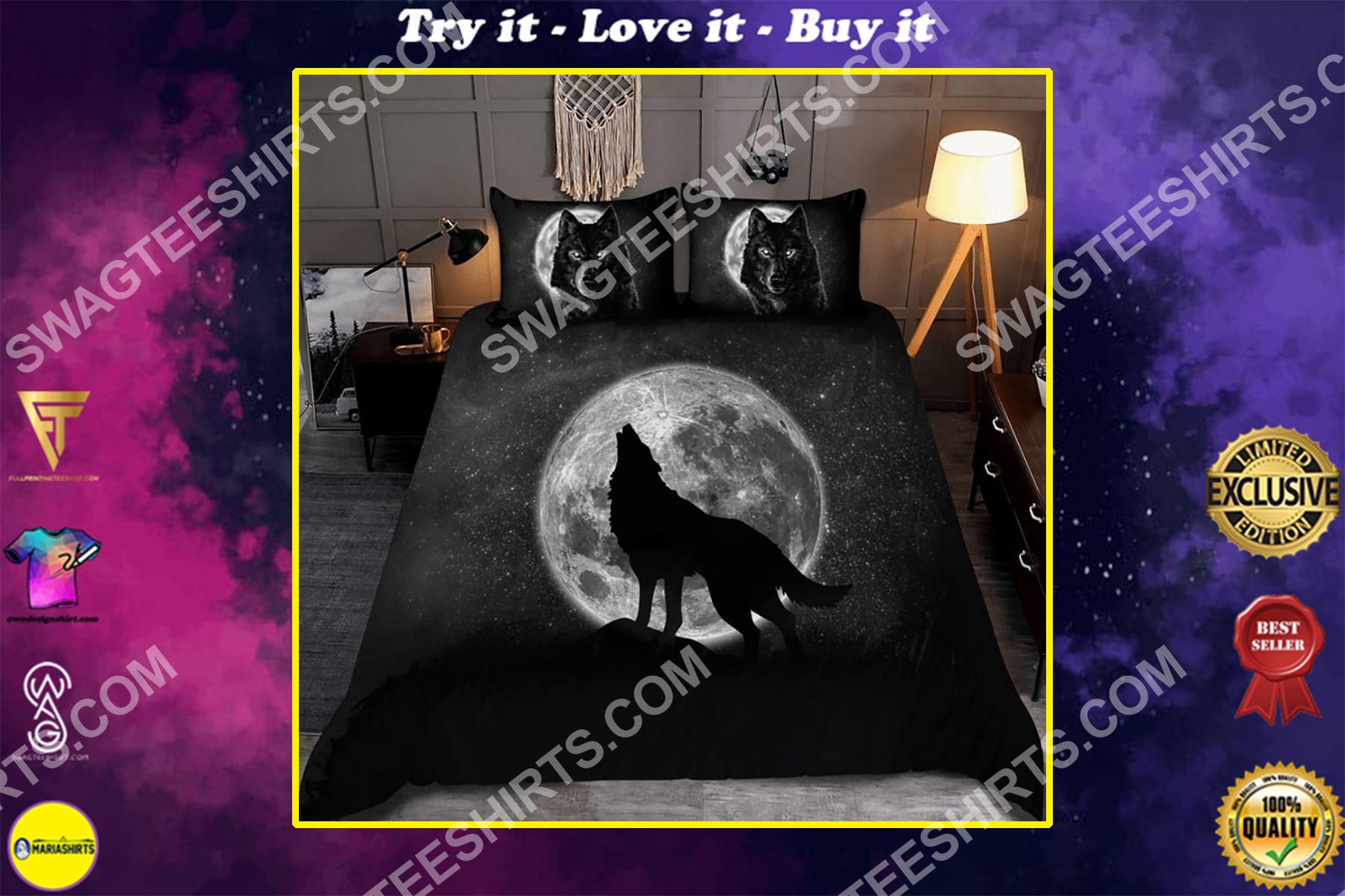 wolf and the moon all over printed bedding set